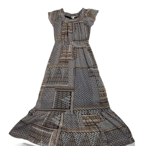 COLDWATER CREEK black geometric off shoulder ruffle maxi‎ dress M - Picture 1 of 7
